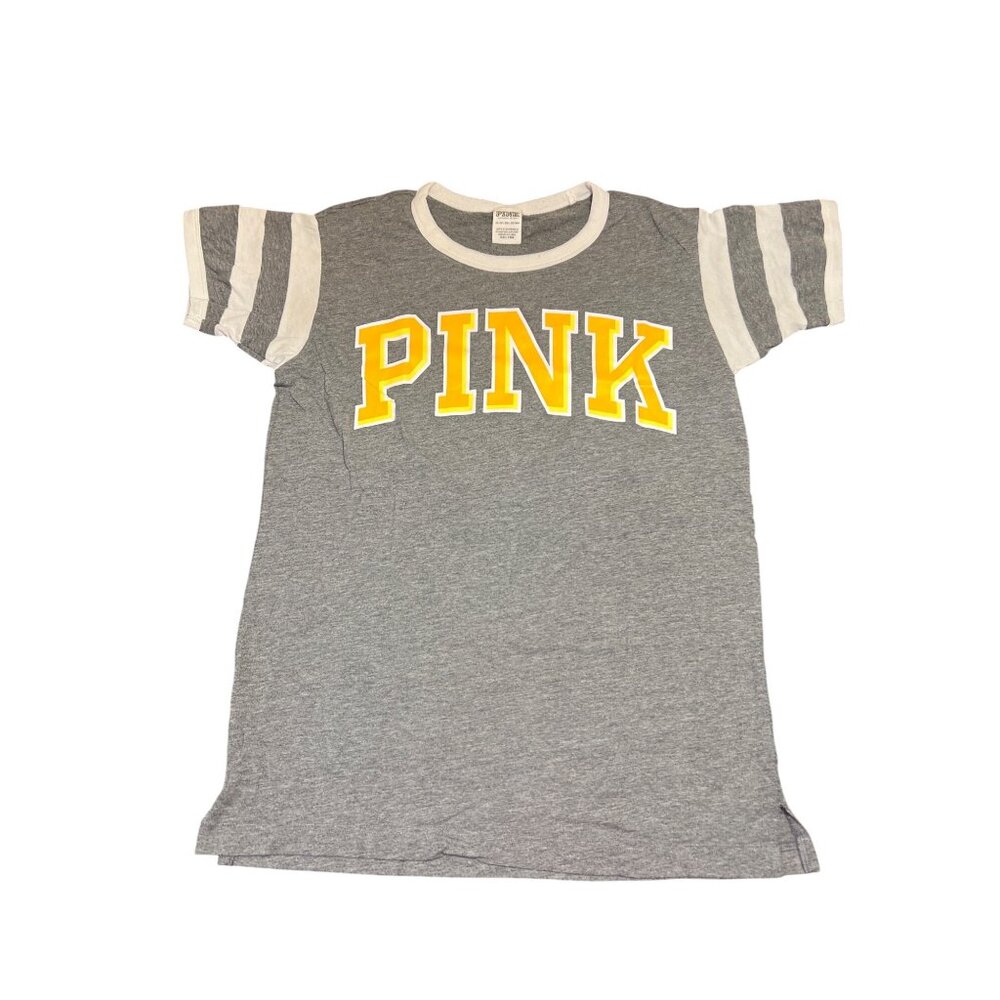 Victorias Secret PINK Gray White Striped Sleeve T-Shirt Shirt Spellout Size XS